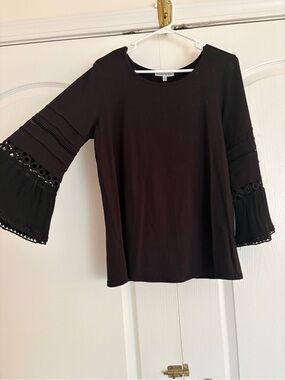 Black Bell Sleeve Top with Crochet Trim